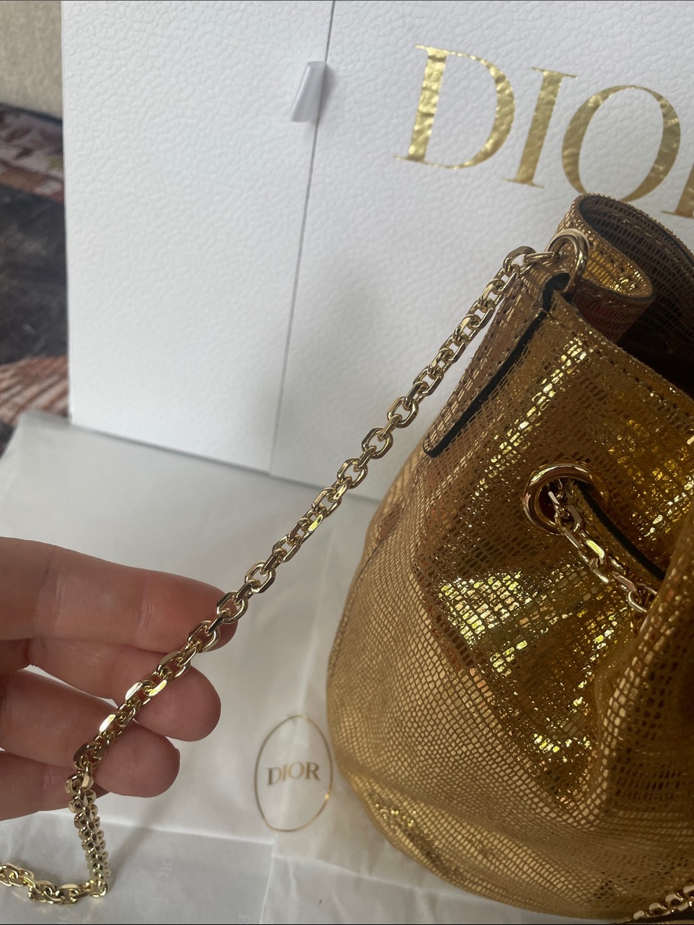 Authentic Gianni Chiarini Gold Chain Accent Bucket Bag Luxury Shoulder Crossbody - Picture 5 of 14